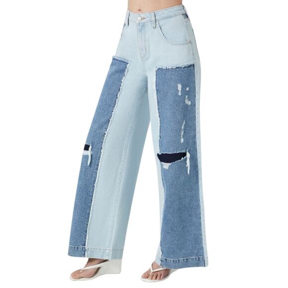 Forever 21 Jeans Distressed Low Rise Baggy Wide Leg Colorblock Women's 28 Blue - Picture 2 of 12